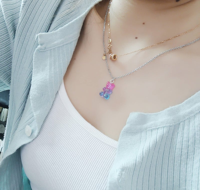 RUIZHEN Mix Multi-color Resin Gummy Bear Pendant Necklace Stainless Steel Chain(rose red) - Image 5